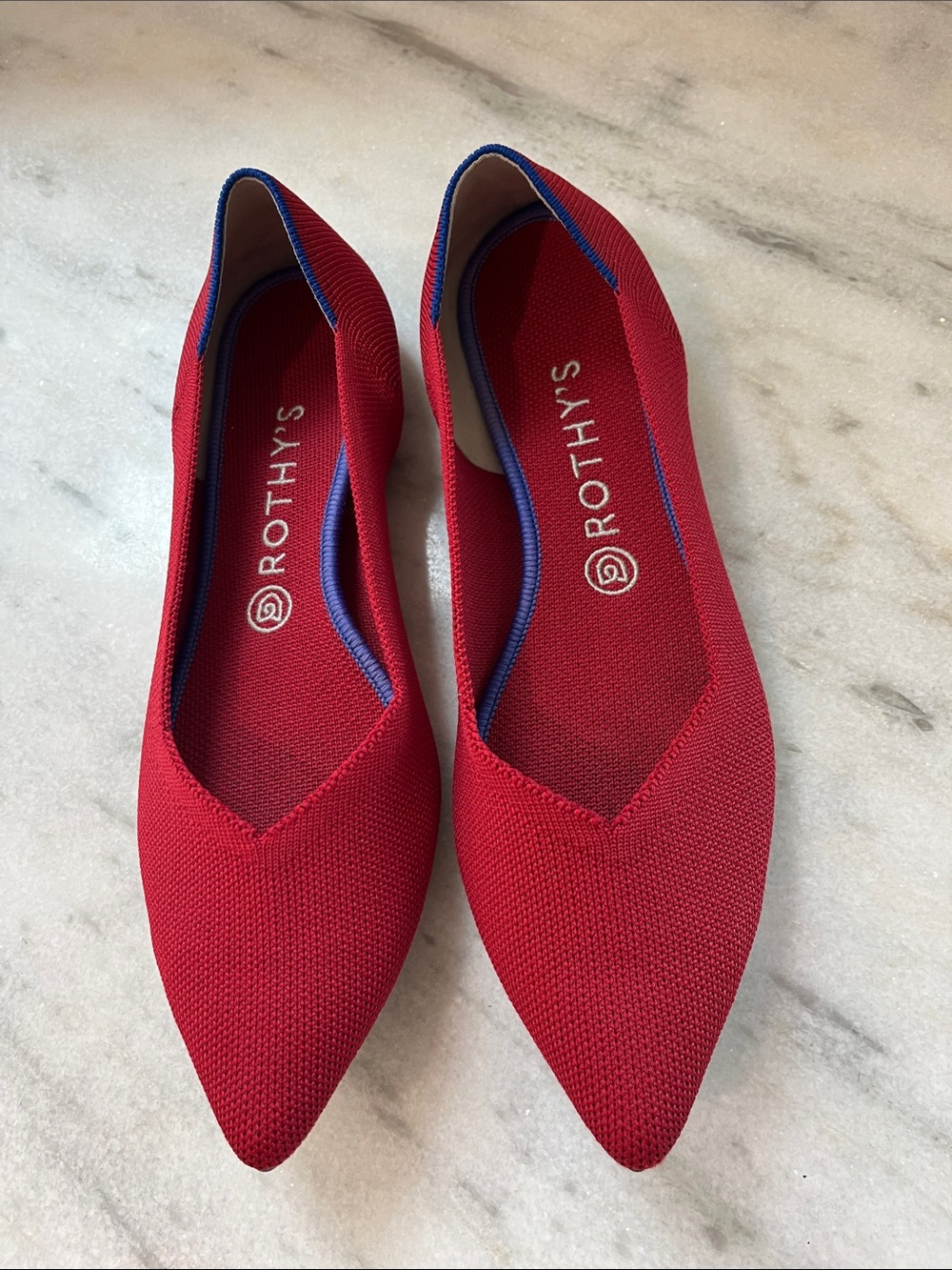 Rothy's Red Pointed Knit Flats with Blue Trim